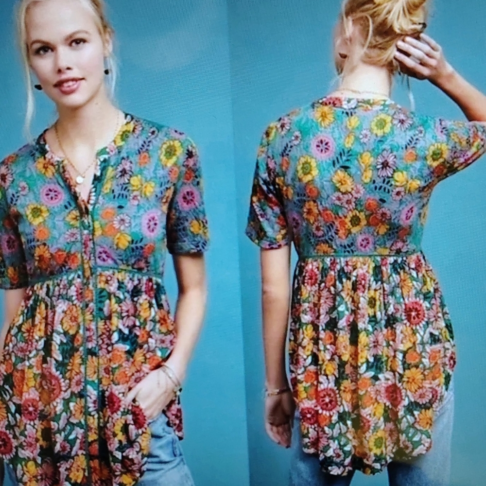 ANTHROPOLOGIE AKEMI + KIM VERIA BOHO-CHIC FLORAL FLOWY TUNIC TOP WOMEN'S SIZE L